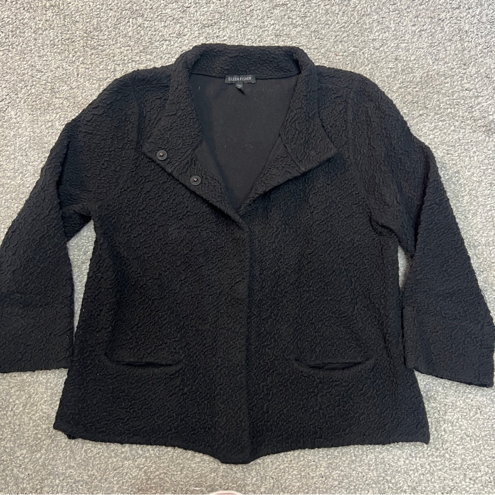 Eileen Fisher Jacket Womens Small Black Crinkled Textured Snap Front Pockets